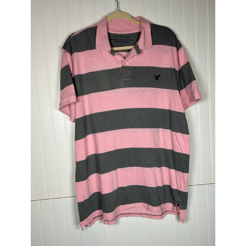 American Eagle Outfitters AEO Gray  Pink Rinse Stripe Mens Polo Shirt size XL TG